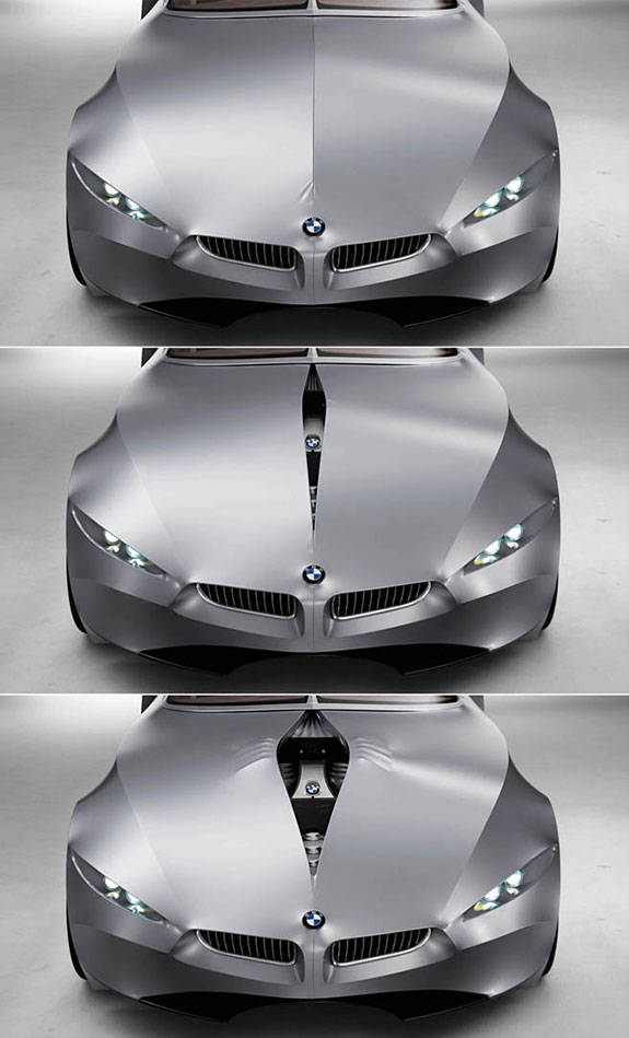 three images of the bmw gina concept car showing the hood